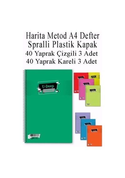 A4 Okul Defteri Spiralli Plastik Kapak 40 Yaprak Çizgili 3 Adet Ve 40 Yaprak Kareli 3 Adet Spralli Harita Metod Çok Renkli
