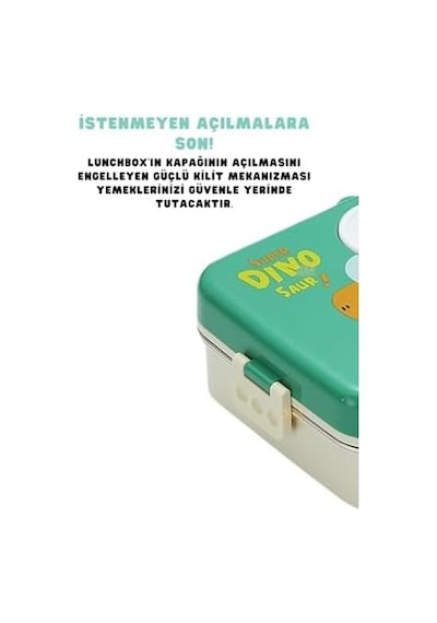 Bento 1120ml Lunchbox Dinozor Desenli Tek Katlı 3 Bölmeli Paslanmaz Çelik Sefer Tası Yemek Kutusu Yeşil Bakır