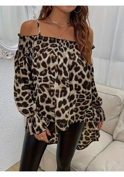 Kadın Ip Askılı Omuzlardan Açık Leopar Desenli Asimetrik Kesim Süprem Bluz Leopar