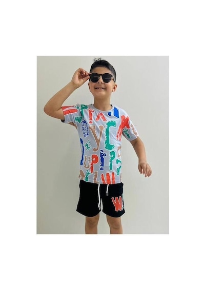 Mnk Baby & Kids Erkek Çocuk Baskılı Şortlu Yazlık Takım M00710 Gri - Siyah