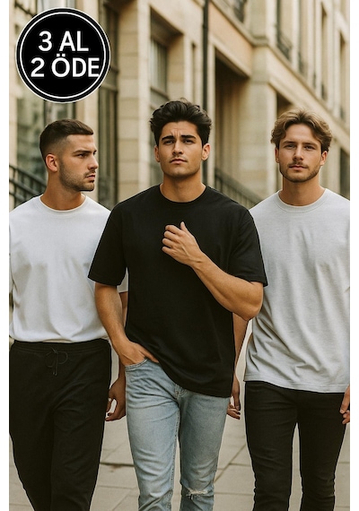 Rich Erkek 3'lü Paket Siyah-beyaz-gri Melanj Pamuklu Oversize Tişört Bisiklet Yaka Kısa Kollu T-shirt Gri