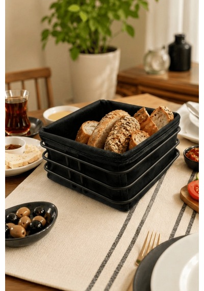 Siyah Metal Ve Kumaş Kare Ekmek Sunum Sepeti, Kahvaltı Sunumu,kafe, Restoran Ve Otel Tipi 20x20 Cm
