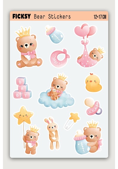 Sevimli Ayıcık Teddy Bear Sticker Seti - 12 Adet Etiket Çıkartma Diğer