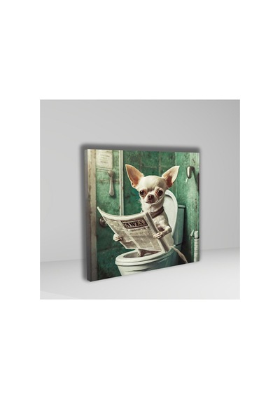 Tekli Kare Kanvas Banyo Tablosu Gazete Okuyan Beyaz Chihuahua Köpek Kanvas Çok Renkli Çerçevesiz