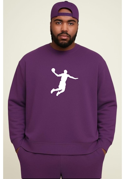 Benroma Basketbolcu Baskılı Büyük Beden Unisex Sweatshırt Mor