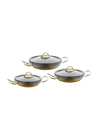 Oms Gold Serisi 6 Parça Granit Sahan Seti Cam Kapaklı 18-20-22 Cm Pfoa İçermez Gold