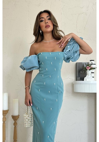 Alemdarshop Mint İşlemeli Kolu Garnili Elbise