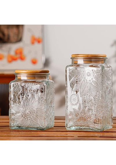 Cam Saklama Kavanozu, 28 Oz/24 Oz Bambu Ahşap Kapaklı Cam Gıda Saklama Kapları, Mutfak Tezgahı, Kiler, Kurabiye, Kahve, Çay, Şeker İçin 2 Hava Geçirmez Kurabiye Kavanozu Seti Çok Renkli