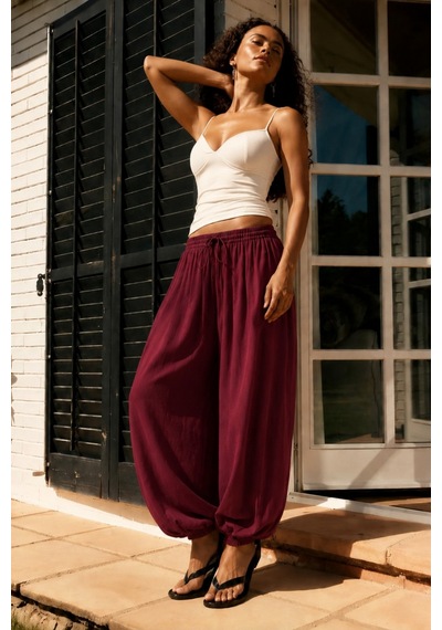Dokuma Bordo Beli Bağcıklı Paçası Lastikli Balon Pantolon Sh390 S