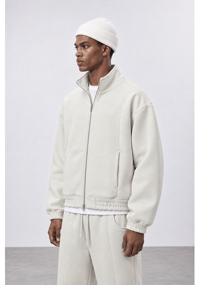 Respire Erkek Crop Fit Panda Oversize Zip Bej