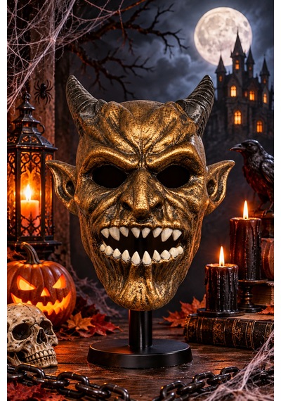 Halloween Boynuzlu Şeytan Yüz Maskesi Eskitme Bronz Altın Cadılar Bayramı Korku Kostüm Aksesuarı
