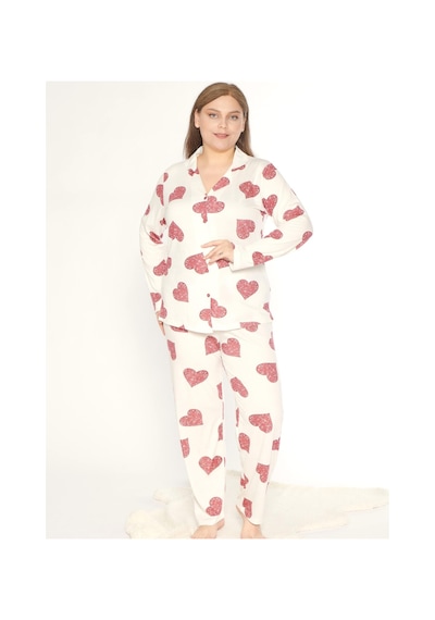 Boydan Düğmeli Battal Kalp Desen Uzun Kol Pijama Takım Mevsimlik Alperi B790-47 Bordo