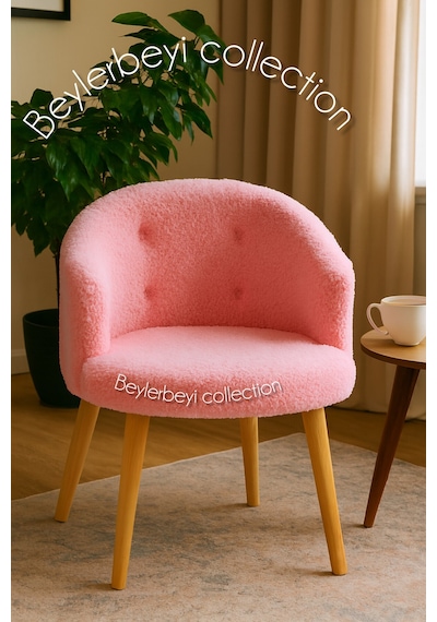Gürgen Ahşap Ayak,sırtlı Berjer Pembe Renkli Peluş Kumaş, Dekoratif Puff,çay Seti, Koltuk Pembe