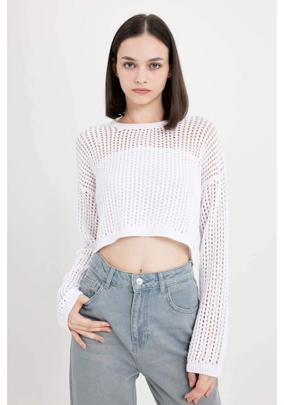 Defacto Regular Fit Bisiklet Yaka Kroşe Ajurlu Delikli Crop Triko Kazak T4513AZ24AUER103 Ekru