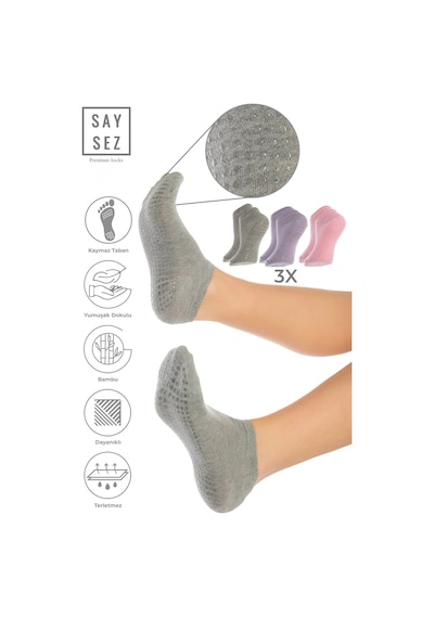 Saysez Bambu Kadın Kaydırmaz Gri-pembe-lila Taban Silikon Pilates Yoga Fitness Dans Aktivite Patik 3'lü Renkli