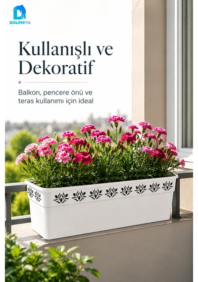 Desenli Dikdörtgen Balkon Saksısı 50 Cm 49x16x14,5 Cm Pp Plastik Çiçek Saksısı