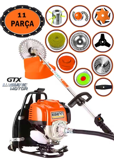 Eisenn German 11X Blitz Pro Sırt Tipi Benzinli Ot Çalı Çim Biçme Tırpanı + 11 Parça Full Set Halı Yıkamalı