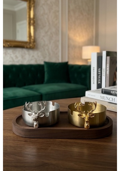 Küllük Ahşap Sunumluk Geyikli Gold-gümüş Metal İkili Dekoratif Küllük Klasik