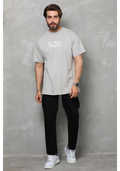 Erkek Kısa Kol Yazlık Tişört Bisiklet Yaka Baskılı Oversize T-shirt - Gri