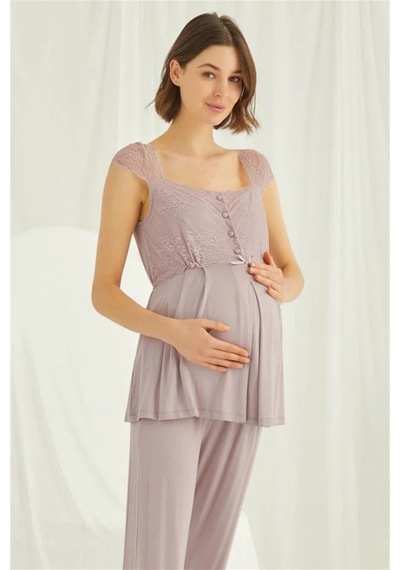 Monamise 18438440 Kadın Vizon Hamile Lohusa Seti Sabahlık Gecelik Pijama Takım