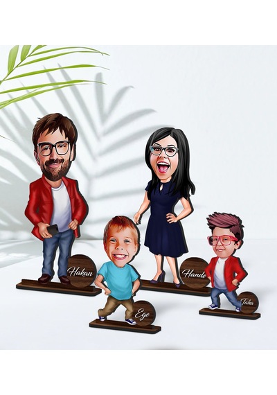 Bk Gift Kişiye Özel 4 Lü Aile Karikatürlü Ahşap Biblo Seti Model-2