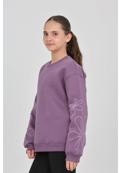 Toontoy Kız Çocuk Relax Fit Bisiklet Yaka Düşük Omuz Sweatshirt Mor