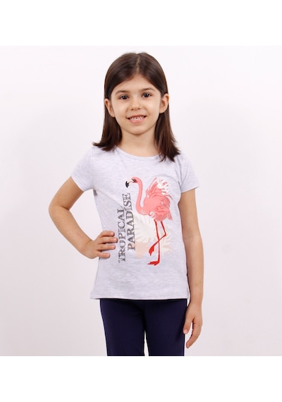 Toontoy Kids Kız Çocuk Tişört Flamingo Baskılı Gri Melanj