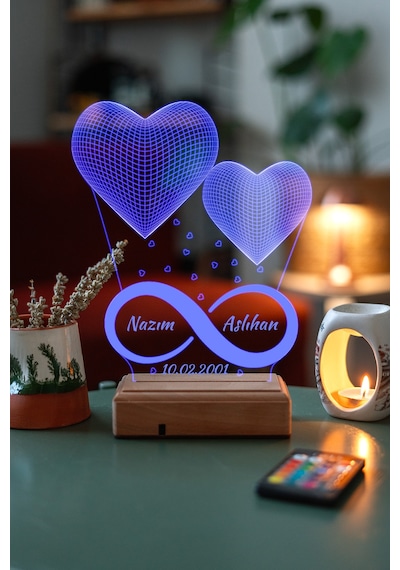 Sevgiliye Hediye Özel 3D 2 Kalp Led Gece Lambası