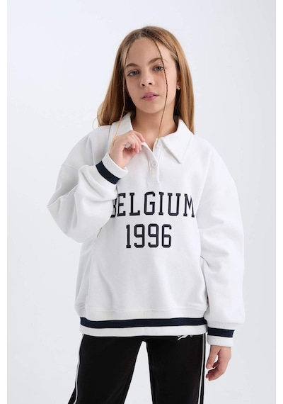 DeFacto Kız Çocuk Oversize Geniş Kalıp Polo Yaka Baskılı İçi Yumuşak Tüylü Sweatshirt D3497A824WNWT34 Beyaz