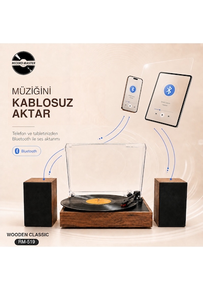 Record Master Rm-519 Pikap - Bluetooth Özellkli - 33 Ve 45 Devir Plaklar İle Uyumlu - Güçlü Ses Ahşap Kahverengi