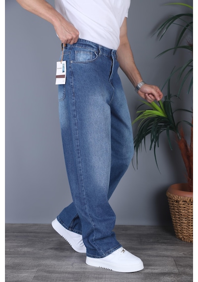 Felvıno Erkek Yıkamalı Süper Baggy Bol Kesim Kot Pantolon Koyu Mavi
