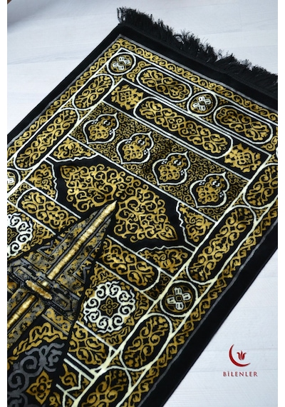 Kabe Kapısı Desenli Lüks Kadife Dokuma Seccade Siyah-beyaz