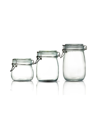 3'lü Set Korken Kavanoz Vakumlu Kilitli Cam Saklama Kavanozu 500ml - 750ml - 1000ml Şeffaf