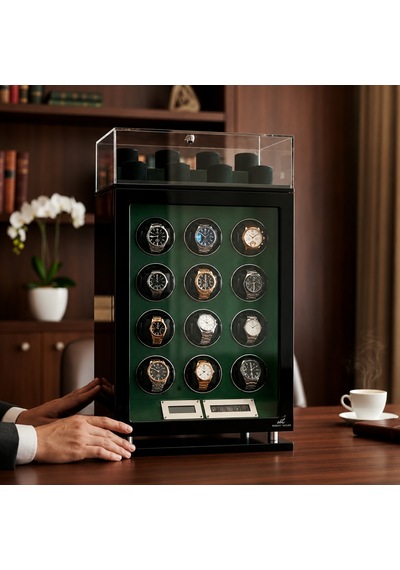Mayfair Collection 12 Slotlu Ultra Sessiz Otomatik Saat Kurma Kabini +8 Pleksi Muhafazalı, Siyah & Yeşil