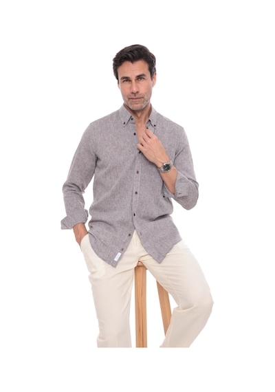 Slim Fit Uzun Kol Yaka Düğmeli Nefes Alan Keten Hediye Kutulu Erkek Gömlek Fs-004548 - Kahverengi-3241