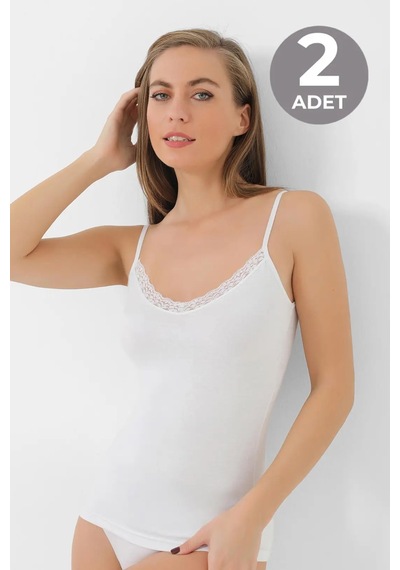 Terrien Premium Günlük Modern İç Giyim Kadın Bambu Beyaz V Yaka İp Askılı Dantelli Atlet 2'li Paket