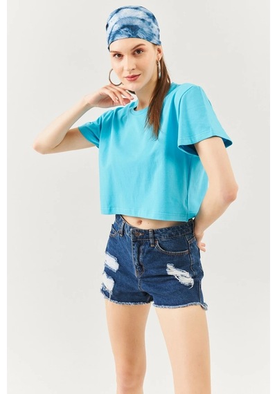 Kadın Rahat %100 Pamuklu Penye Bisiklet Yaka Kısa Kol Basic Crop T-shirt Aqua