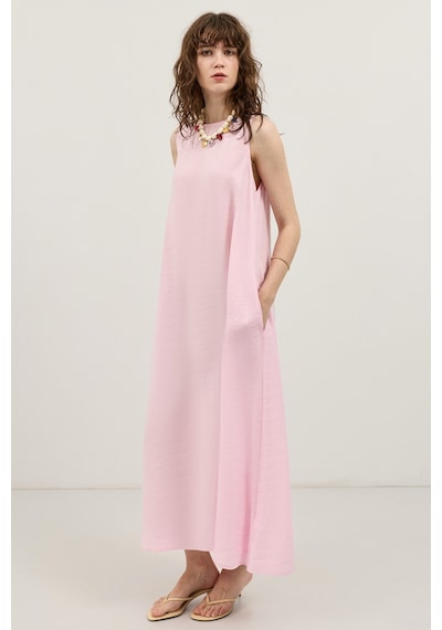 Antioch Dökümlü Halter Yaka Midi Elbise Pembe