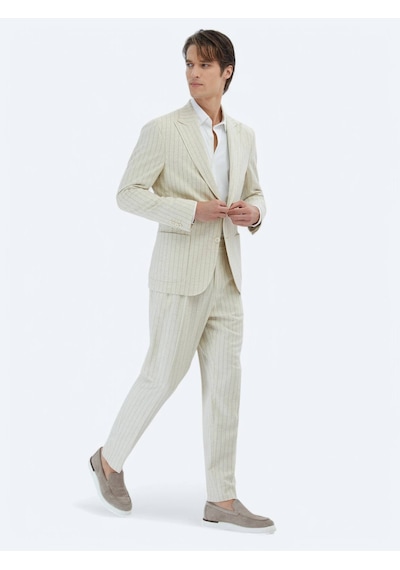 Kip Bej Çizgili Comfort Fit Keten Karışımlı Takım Elbise Bej