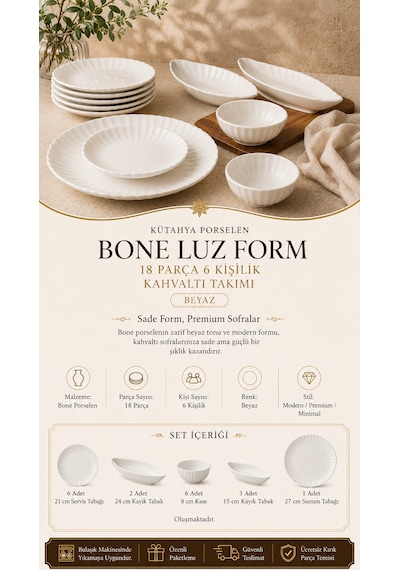 Kütahya Porselen Bone Luz Form 18 Parça 6 Kişilik Kahvaltı Takımı Beyaz