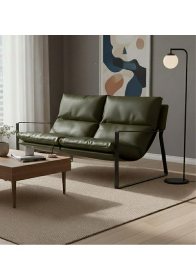 Sller Modern İkili Koltuk - Loft Tasarım Haki Deri/kumaş Bahçe Ve Balkon Kanepesi - Metal İskeletli 130 Cm Haki