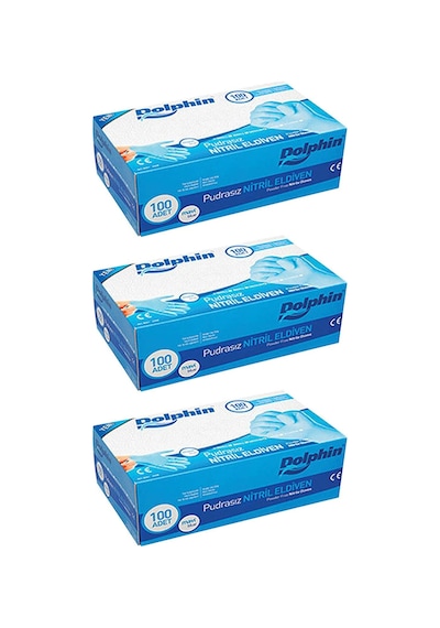 Dolphin Tek Kullanımlık Lateks Mavi Pudrasız Nitril Muayne Eldiveni Medium Orta Boy 100'lü 3 Paket