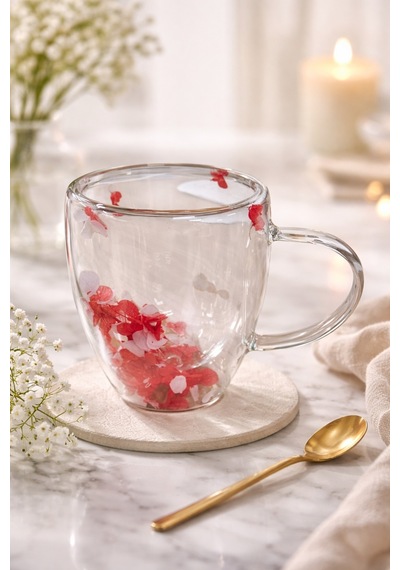 Makri Home Kırmızı Beyaz Çiçekli Çift Cidarlı Cam Kupa, 350 Ml, 11 Cm X 8 Cm Çok Renkli