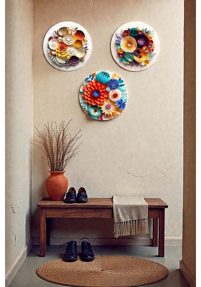 3 Parça Kabartmalı Modern Çiçek Mdf Tablo Seti, Oturma Odası, Salon, Ofis, Ev Duvar Tablosu Dekoru