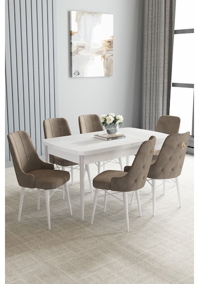 Jusie Beyaz 80x132 Açılabilir Mutfak Masası Takımı 6 Adet Sandalye Cappucino