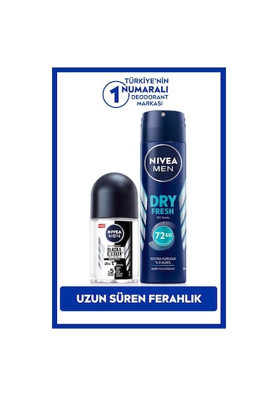 Nivea Erkek Dry Fresh 72 Saat Erkek Sprey Deodorant 150 ML + Black & White Original Roll-On Deodorant 25 ML