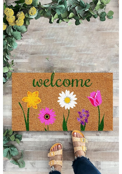 Welcome, Çiçekler, Kapı Önü Paspası, Dijital Baskı Paspas