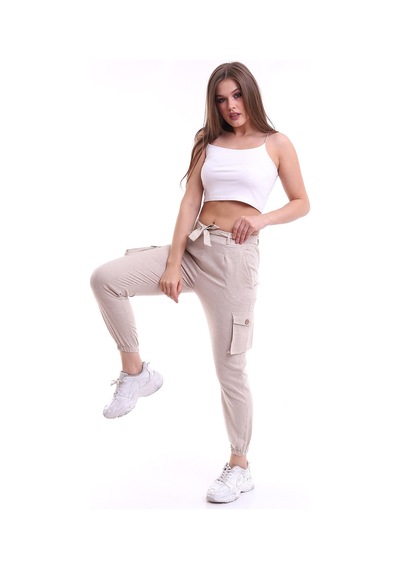 Winmoda34 Keten Pantolon Kargo Cepli Lastik Paça Taş Rengi Taş