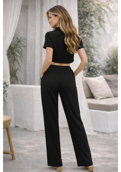 Mekaizen Kadın Fitilli Kumaş Polo Yaka Crop Üst & Bol Paça Pantolon Siyah Takım Siyah