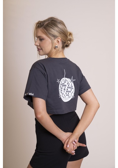 Afloow Delicate Kadın Gri Oversize Kısa Kollu Crop Tişört %100 Pamuk Sırtı Baskılı Disco Top Tasarımı, Günlük Rahat Stil, Sokak Modası Gri